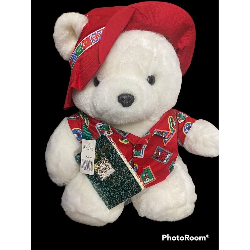 Santa Bear 1993 World Traveler Backpack‎  Passport Travel Bear Hudson’s Tags Red